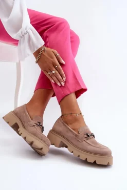 Masywne Mokasyny Damskie Zamszowe Beżowe Neloria