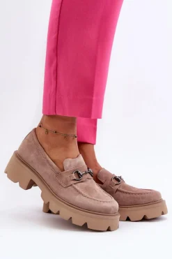 Masywne Mokasyny Damskie Zamszowe Beżowe Neloria