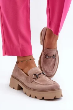 Masywne Mokasyny Damskie Zamszowe Beżowe Neloria