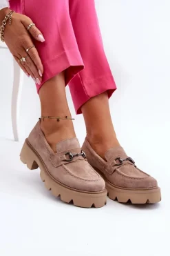 Masywne Mokasyny Damskie Zamszowe Beżowe Neloria