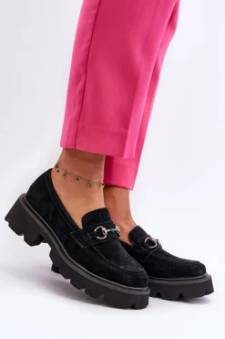 Masywne Mokasyny Damskie Zamszowe Czarne Neloria