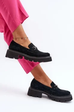 Masywne Mokasyny Damskie Zamszowe Czarne Neloria