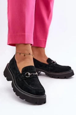 Masywne Mokasyny Damskie Zamszowe Czarne Neloria