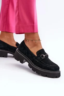 Masywne Mokasyny Damskie Zamszowe Czarne Neloria