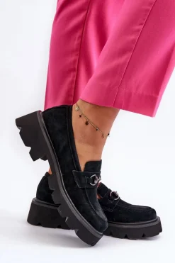 Masywne Mokasyny Damskie Zamszowe Czarne Neloria