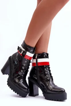 Masywne Skórzane Botki Na Słupku Czarne Adrijana