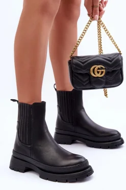 Masywne Skórzane Botki Sztyblety Czarne Rosan