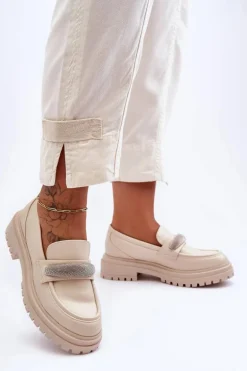 Masywne Skórzane Mokasyny Z Ozdobą Beżowe Aricka