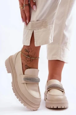 Masywne Skórzane Mokasyny Z Ozdobą Beżowe Aricka