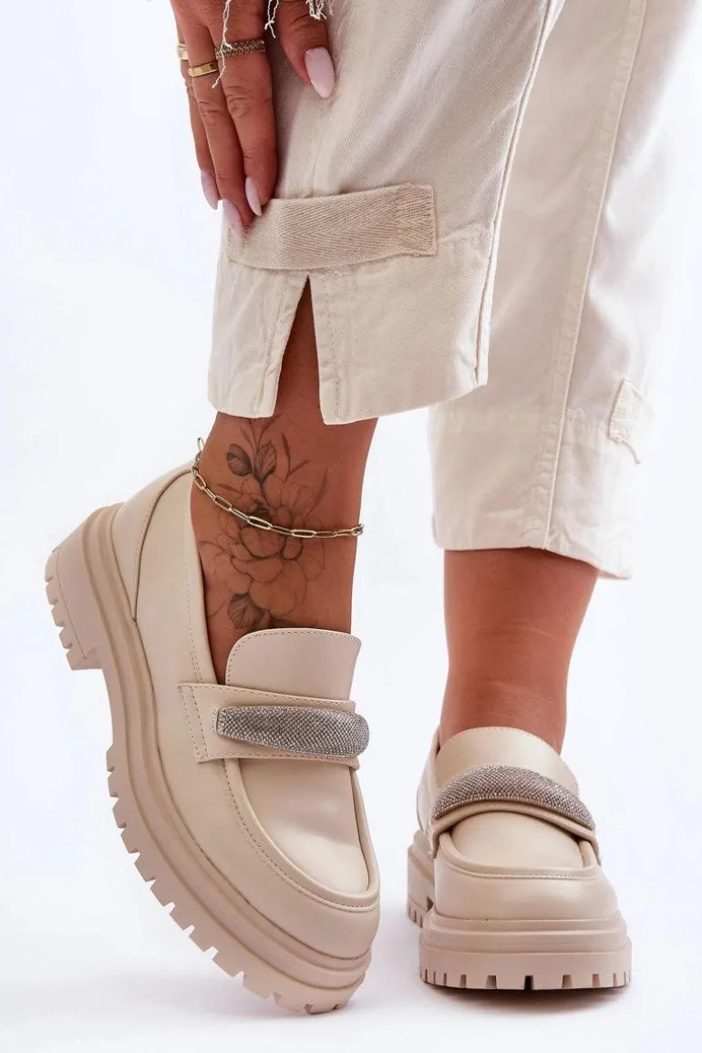 Masywne Skórzane Mokasyny Z Ozdobą Beżowe Aricka