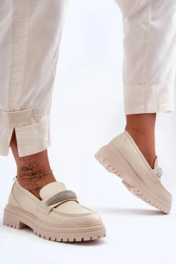 Masywne Skórzane Mokasyny Z Ozdobą Beżowe Aricka