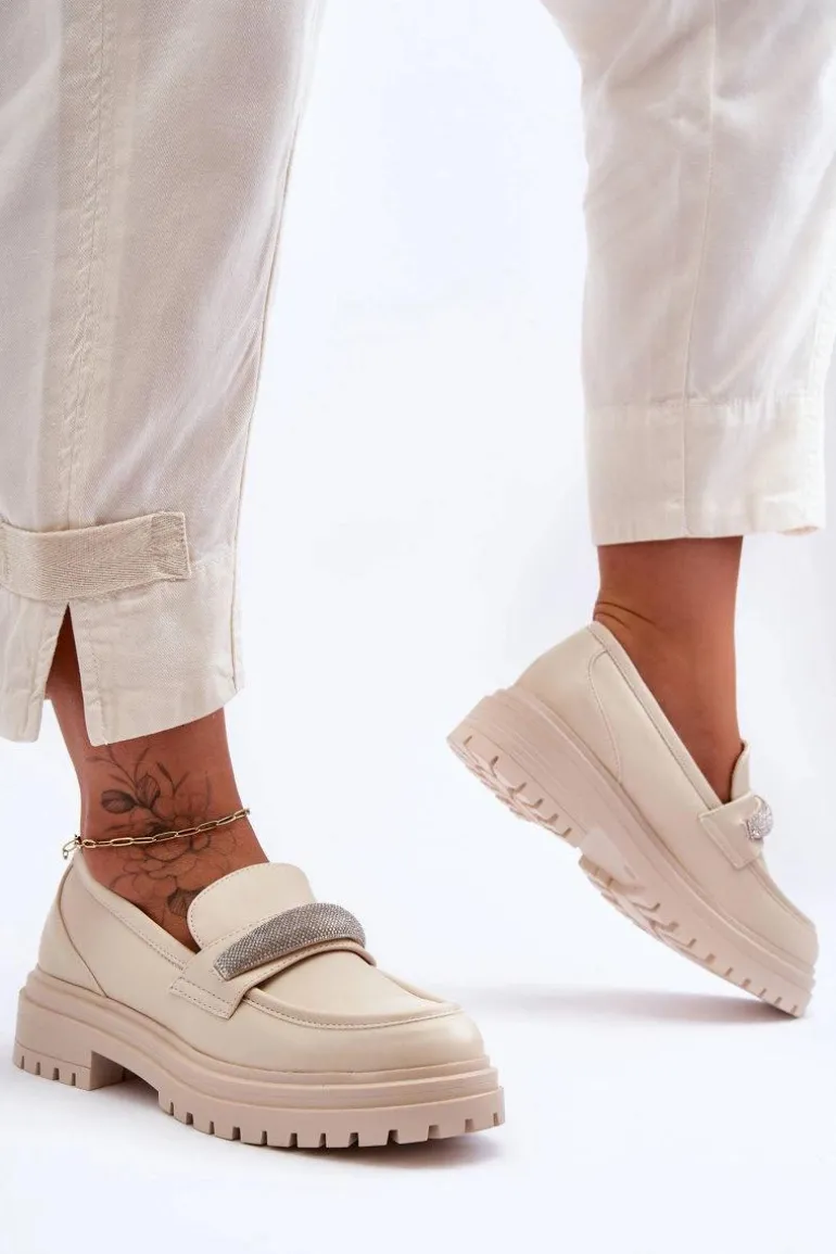 Masywne Skórzane Mokasyny Z Ozdobą Beżowe Aricka