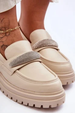 Masywne Skórzane Mokasyny Z Ozdobą Beżowe Aricka