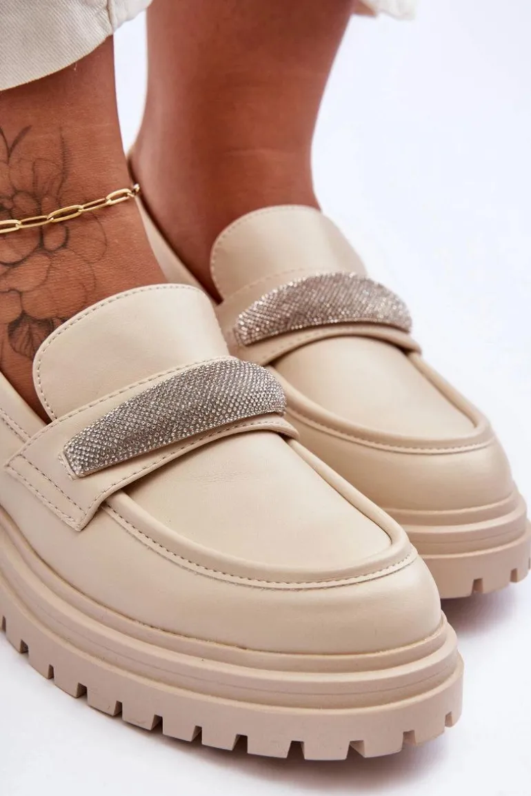 Masywne Skórzane Mokasyny Z Ozdobą Beżowe Aricka
