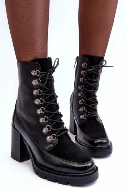Masywne Sznurowane Botki Na Słupku Czarne Lathia