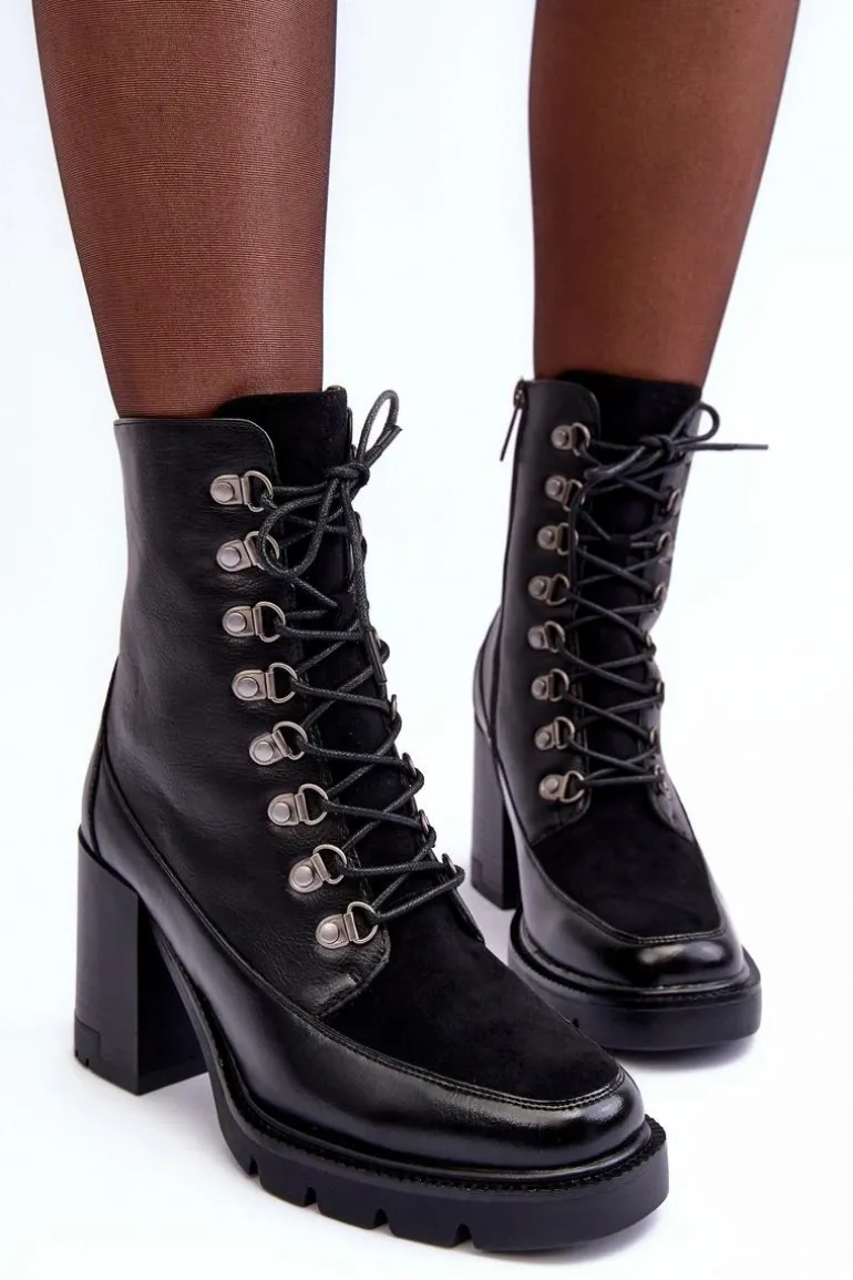 Masywne Sznurowane Botki Na Słupku Czarne Lathia