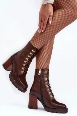 Masywne Sznurowane Botki Na Słupku Brązowe Lathia