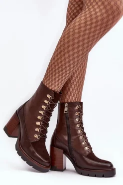 Masywne Sznurowane Botki Na Słupku Brązowe Lathia