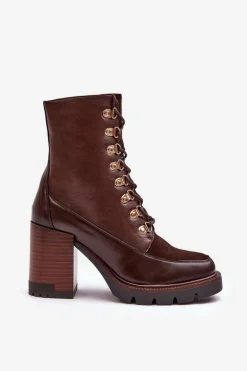 Masywne Sznurowane Botki Na Słupku Brązowe Lathia
