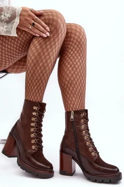 Masywne Sznurowane Botki Na Słupku Brązowe Lathia