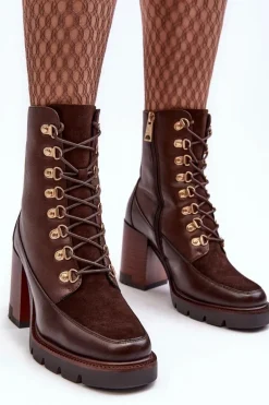 Masywne Sznurowane Botki Na Słupku Brązowe Lathia