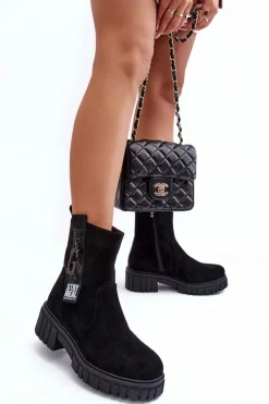 Masywne Zamszowe Botki Damskie Na Płaskim Obcasie Czarne Lunai