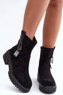Masywne Zamszowe Botki Damskie Na Płaskim Obcasie Czarne Lunai
