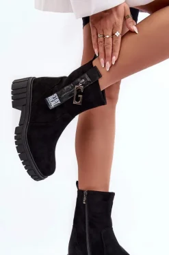 Masywne Zamszowe Botki Damskie Na Płaskim Obcasie Czarne Lunai