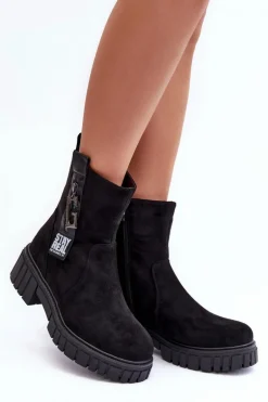 Masywne Zamszowe Botki Damskie Na Płaskim Obcasie Czarne Lunai