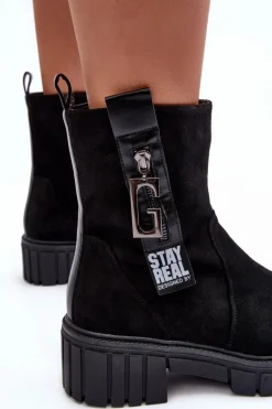 Masywne Zamszowe Botki Damskie Na Płaskim Obcasie Czarne Lunai