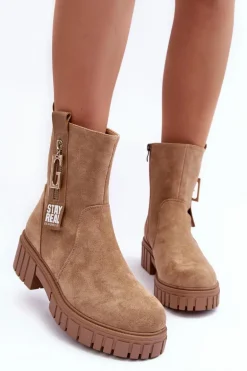 Masywne Zamszowe Botki Damskie Na Płaskim Obcasie Beżowe Lunai