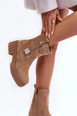 Masywne Zamszowe Botki Damskie Na Płaskim Obcasie Beżowe Lunai