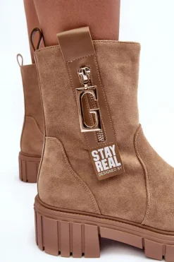 Masywne Zamszowe Botki Damskie Na Płaskim Obcasie Beżowe Lunai