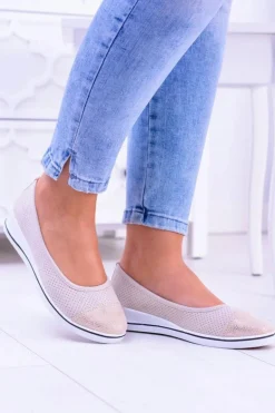 Materiałowe Beżowe Baleriny Na Koturnie Elleni