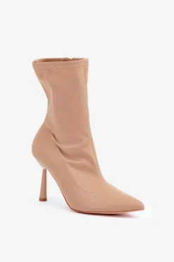 Materiałowe Botki Na Szpilce Ciemnobeżowe Amune