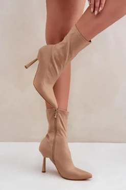Materiałowe Botki Na Szpilce Ciemnobeżowe Amune