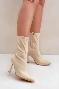 Materiałowe Botki Na Szpilce Jasnobeżowe Amune