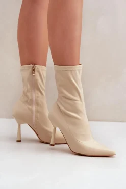 Materiałowe Botki Na Szpilce Jasnobeżowe Amune
