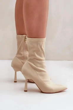 Materiałowe Botki Na Szpilce Jasnobeżowe Amune
