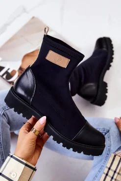 Materiałowe Botki Wsuwane Nicole Czarne 2705