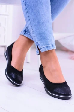 Materiałowe Czarne Baleriny Na Koturnie Elleni