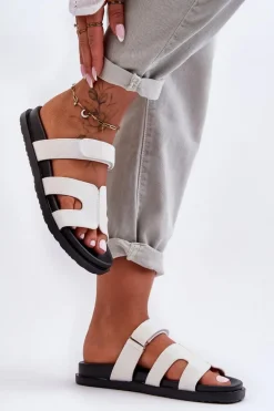 Materiałowe Damskie Klapki Na Rzep Białe Jose