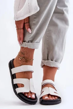 Materiałowe Damskie Klapki Na Rzep Białe Jose