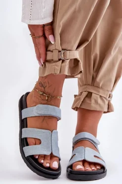 Materiałowe Damskie Klapki Na Rzep Jasnoniebieskie Jose