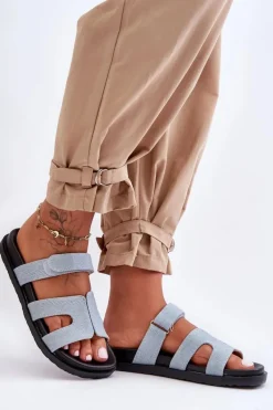 Materiałowe Damskie Klapki Na Rzep Jasnoniebieskie Jose