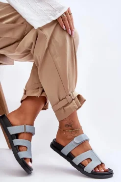 Materiałowe Damskie Klapki Na Rzep Jasnoniebieskie Jose