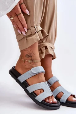 Materiałowe Damskie Klapki Na Rzep Jasnoniebieskie Jose