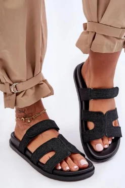 Materiałowe Damskie Klapki Na Rzep Czarne Jose