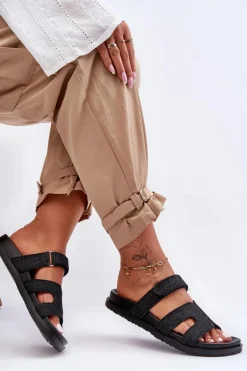 Materiałowe Damskie Klapki Na Rzep Czarne Jose