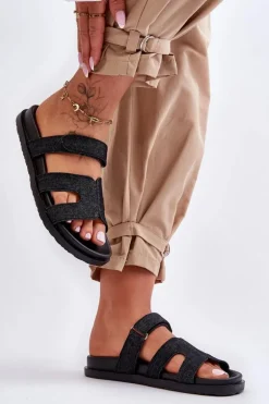 Materiałowe Damskie Klapki Na Rzep Czarne Jose